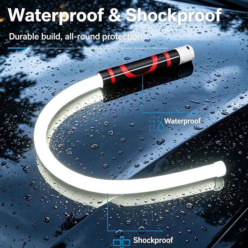 FlexBeam lit up on a rain-covered car hood, labelled waterproof and shockproof