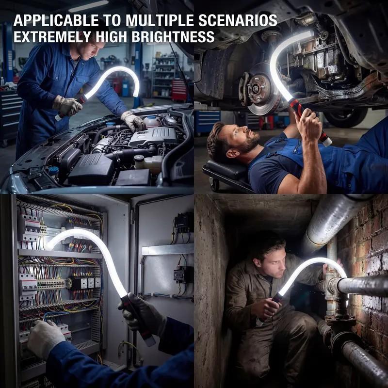 Four scenes: engine bay repair, under-car brake work, an electrical panel and plumbing in a crawl space, each lit by FlexBeam